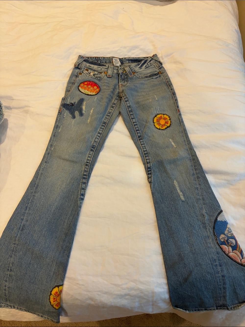 True Religion Light Blue Embroidered Flare Jeans with Patch Details